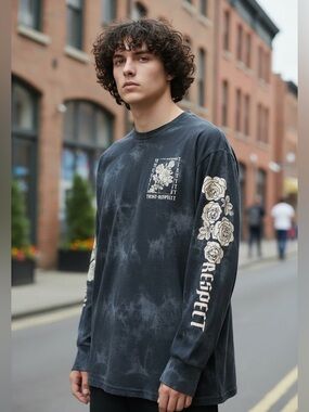 Urban Heritage Black Long Sleeve Shirt/ Rose Graphic/Trust-Respect-Size Small